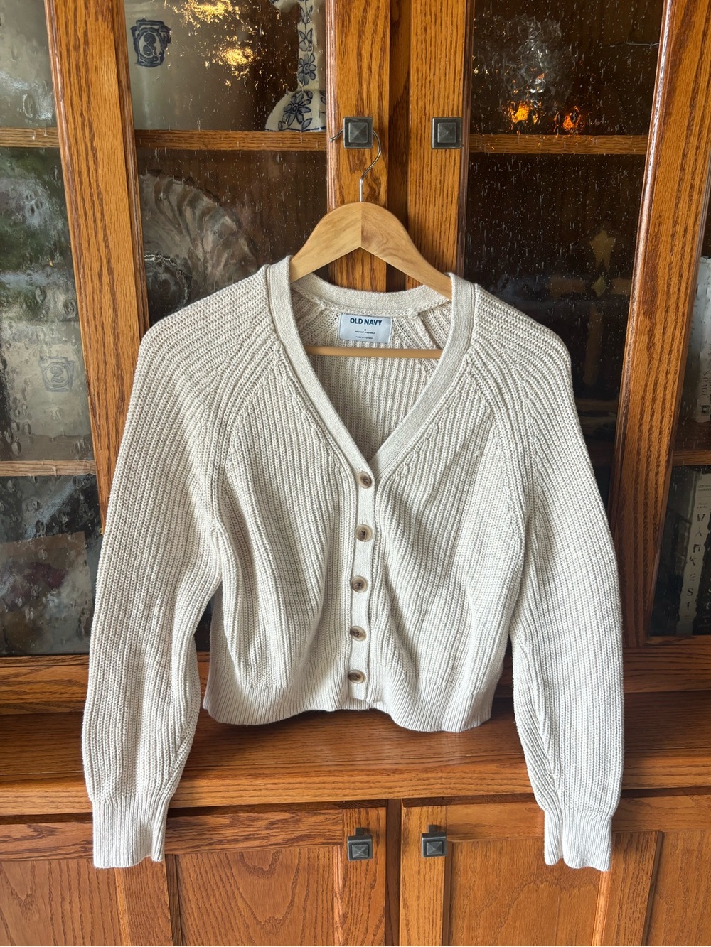 Old Navy 100% Cotton Cream Ribbed Button-Front Cardigan